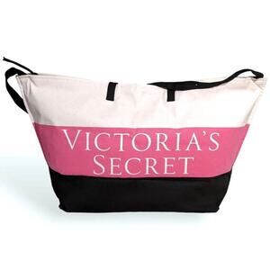 VICTORIA'S SECRET BLACK PINK STRIPE WEEKENDER BEACH ZIPPER TOTE TRAVEL BAG NWT